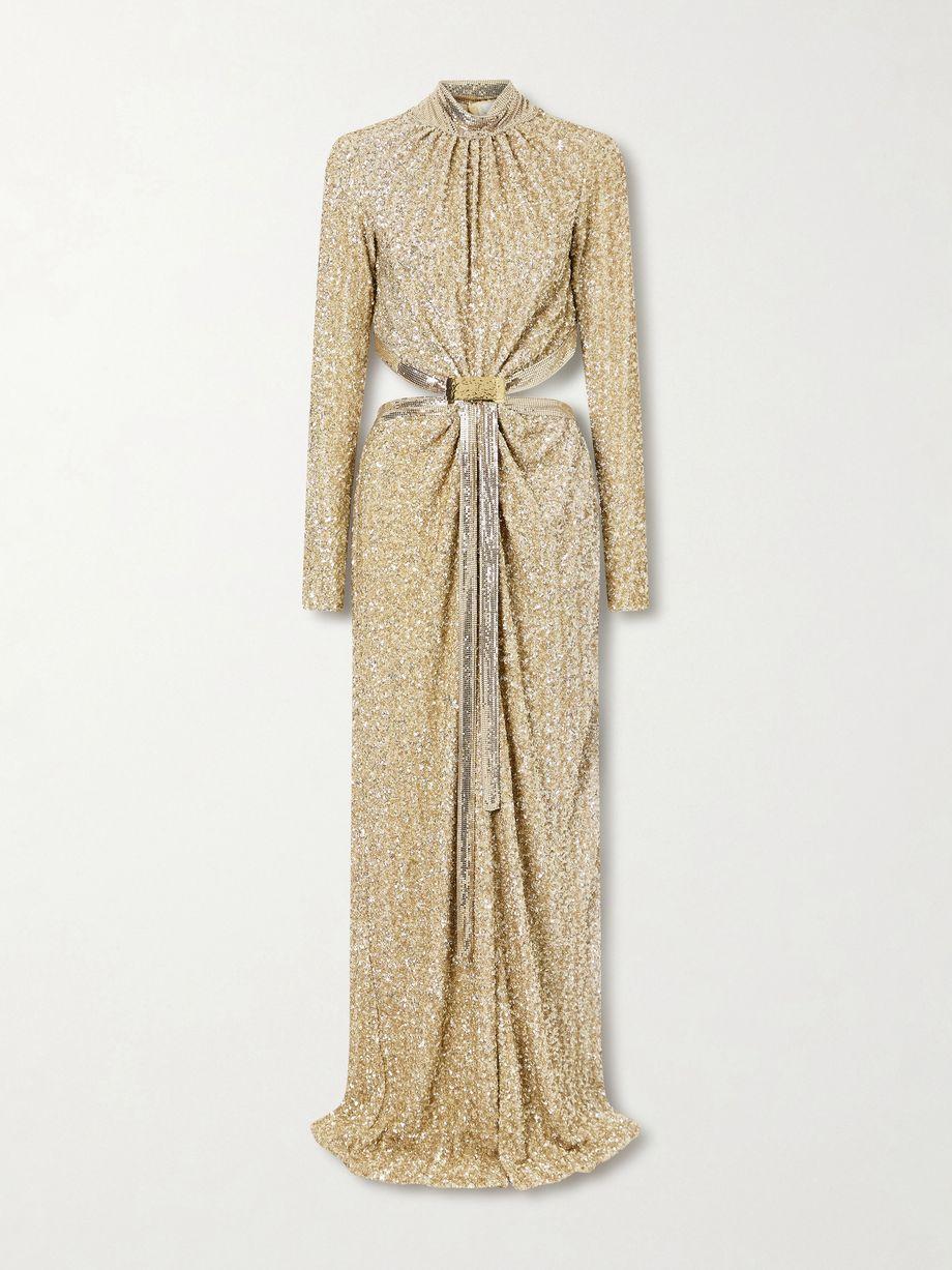 Chainmail-trimmed cutout sequined tulle gown by RABANNE