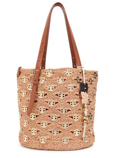 Disc-embellished raffia bucket tote bag by RABANNE
