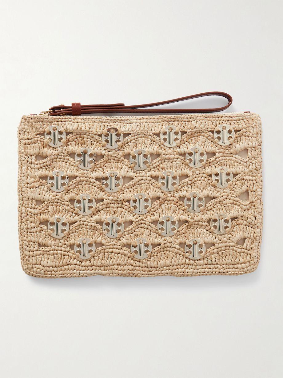 Leather-trimmed chainmail-embellished raffia pouch by RABANNE