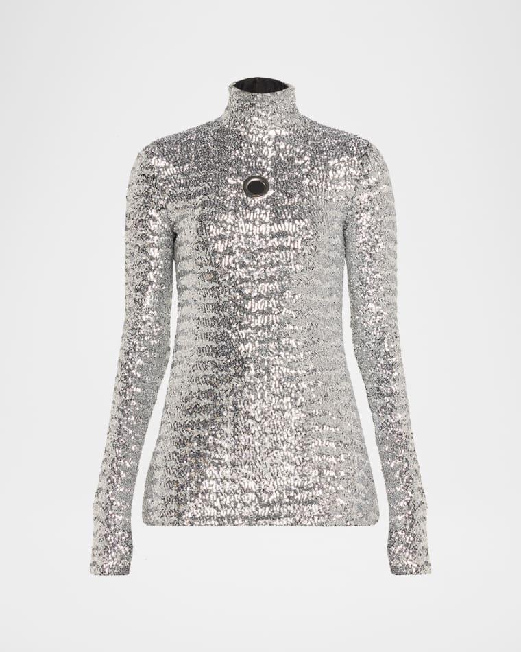 Mock-Neck Sequined Grommet Long-Sleeve Top by RABANNE