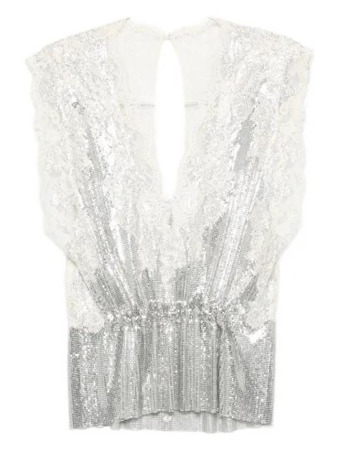 lace-insert mesh gathered-waist top by RABANNE