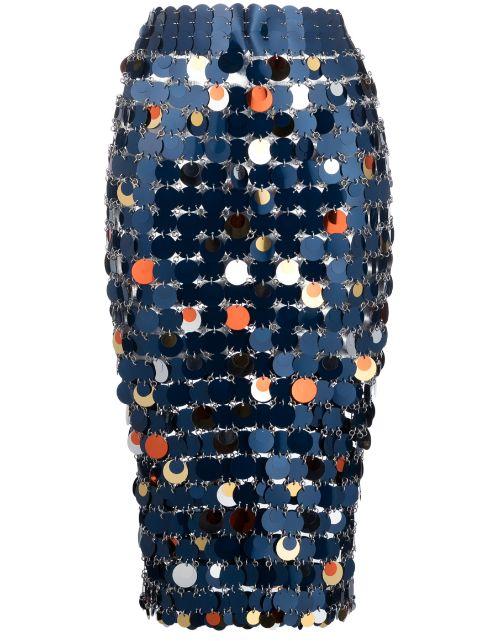 paillette-chainmail pencil midi skirt by RABANNE