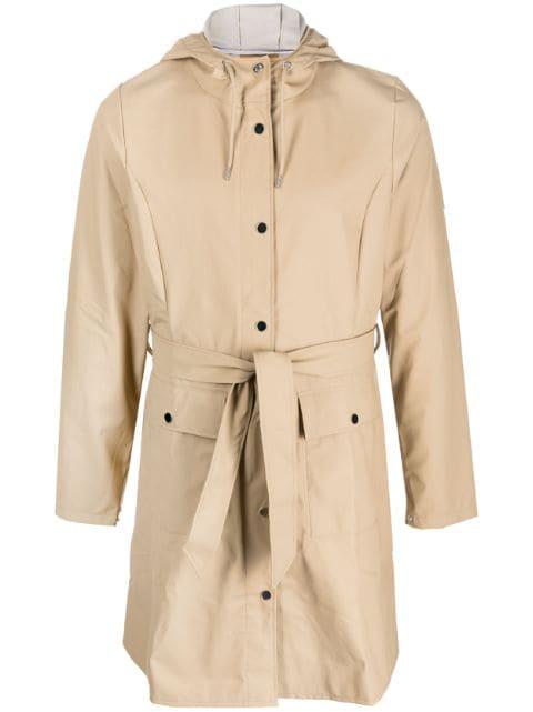 belted hoodied raincoat by RAINS