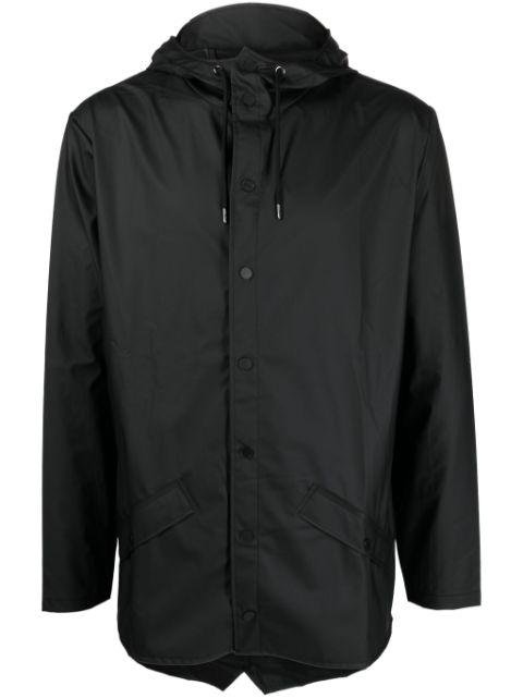 drawstring-hoodied buttoned rain jacket by RAINS