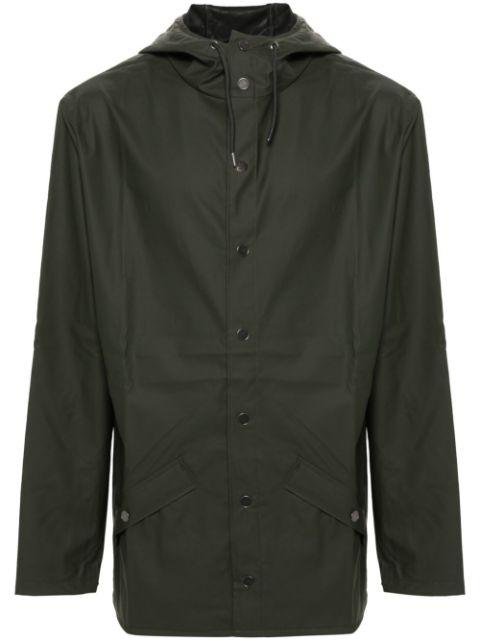 drawstring-hoodied buttoned rain jacket by RAINS
