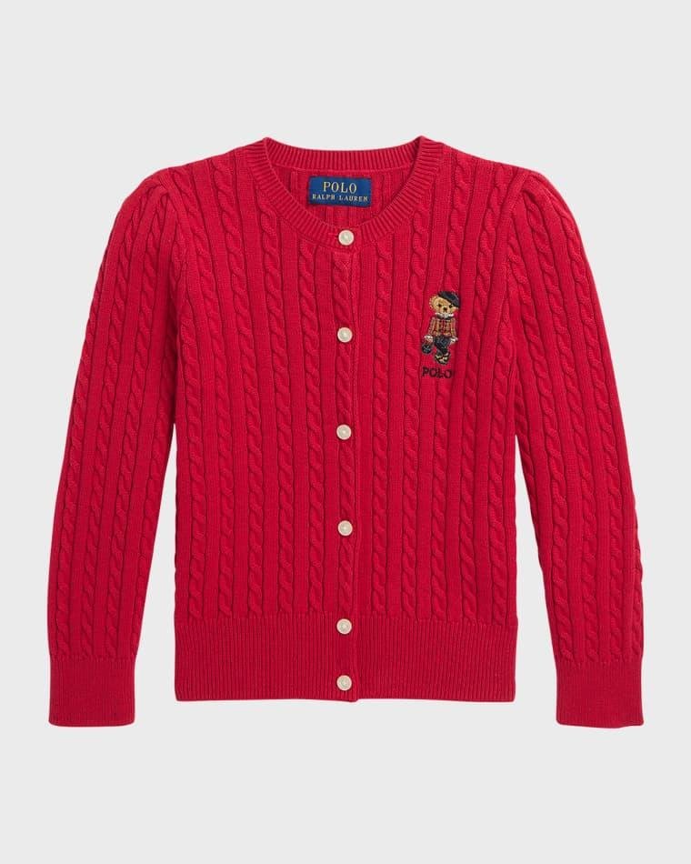 Girl's Mini Cable Knit Polo Bear Embroidered Cardigan, Size 2-6X by RALPH LAUREN CHILDRENSWEAR