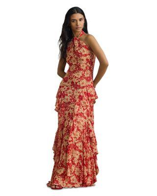 Floral Ruffle Trim Georgette Halter Gown by RALPH LAUREN