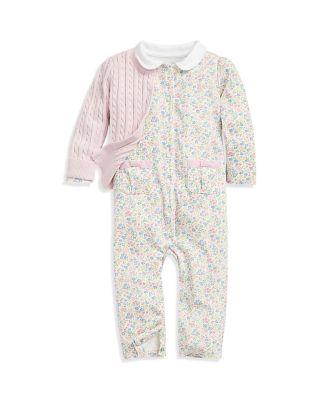 Girls' Cotton Floral Print Coveralls & Cable Knit Cardigan - Baby by RALPH LAUREN