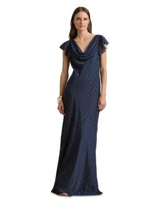 Polka Dot Burn Out Satin Cowlneck Gown by RALPH LAUREN