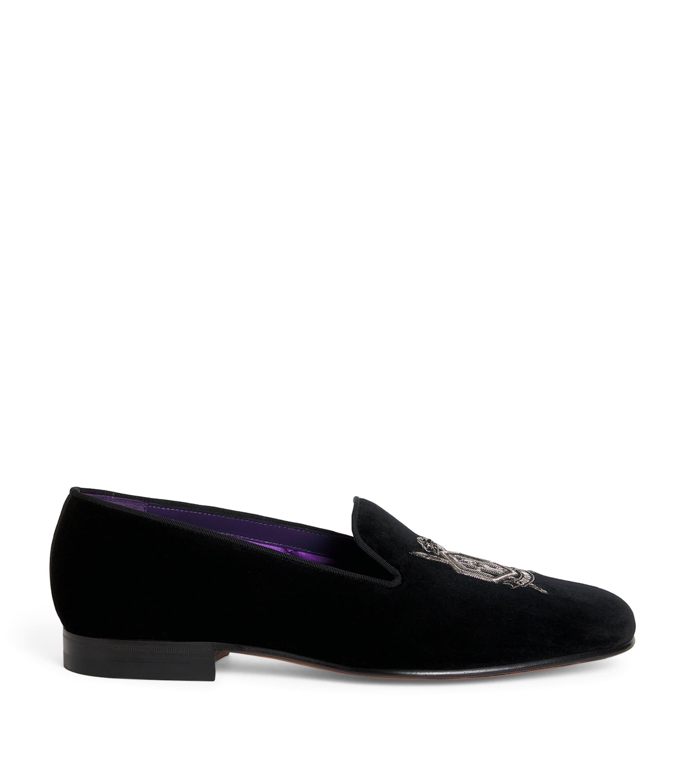 Ralph Lauren Purple Label Velvet Crest-Embellished Slippers by RALPH LAUREN