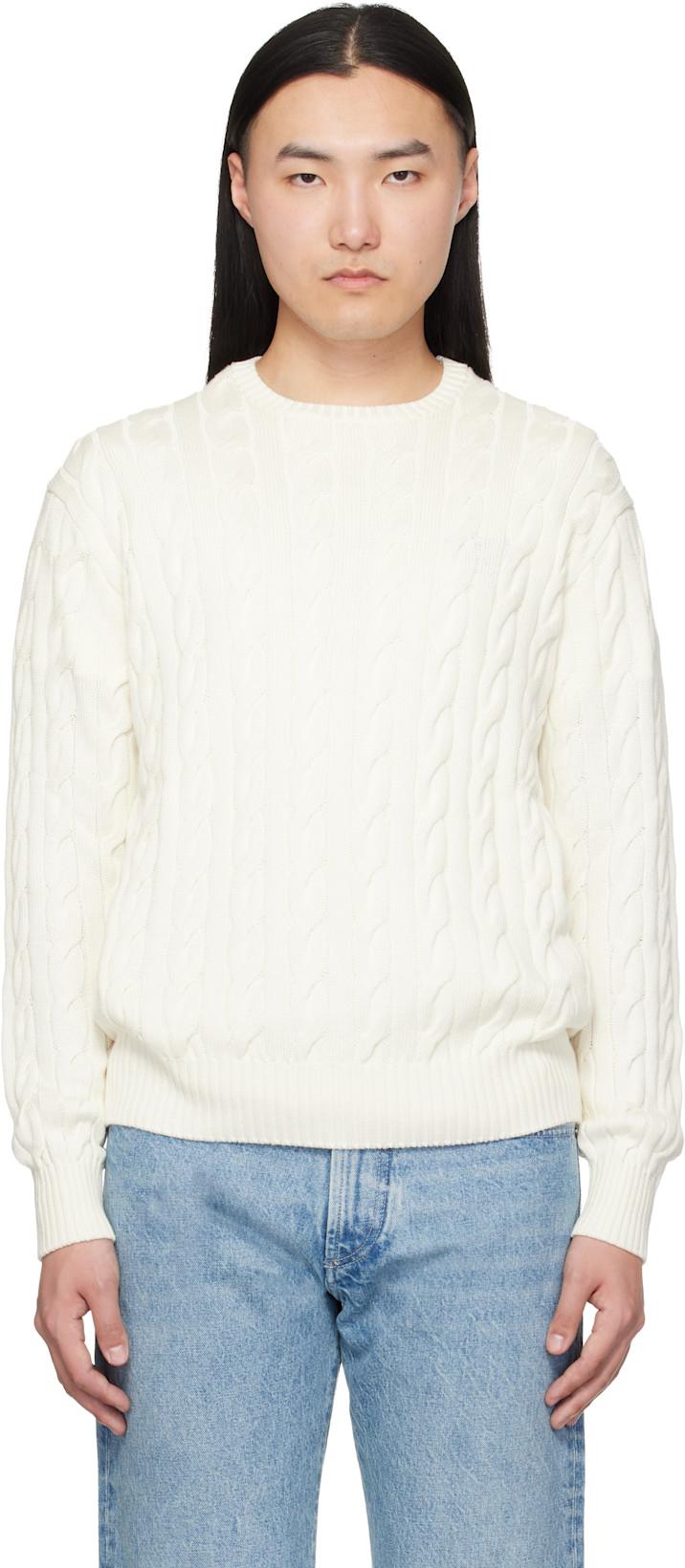 White Cotton Silk Cable Crewneck Sweater by RALPH LAUREN