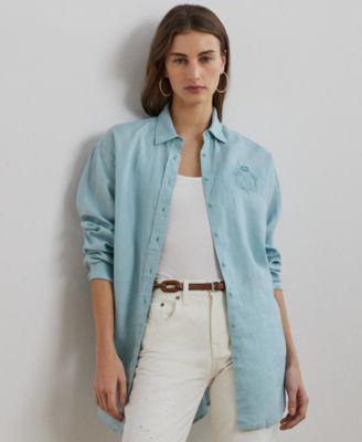 Women's Oversize Floral-Logo 100% Linen Shirt by RALPH LAUREN Women's Oversize Floral-Logo 100% Linen Shirt by RALPH LAUREN