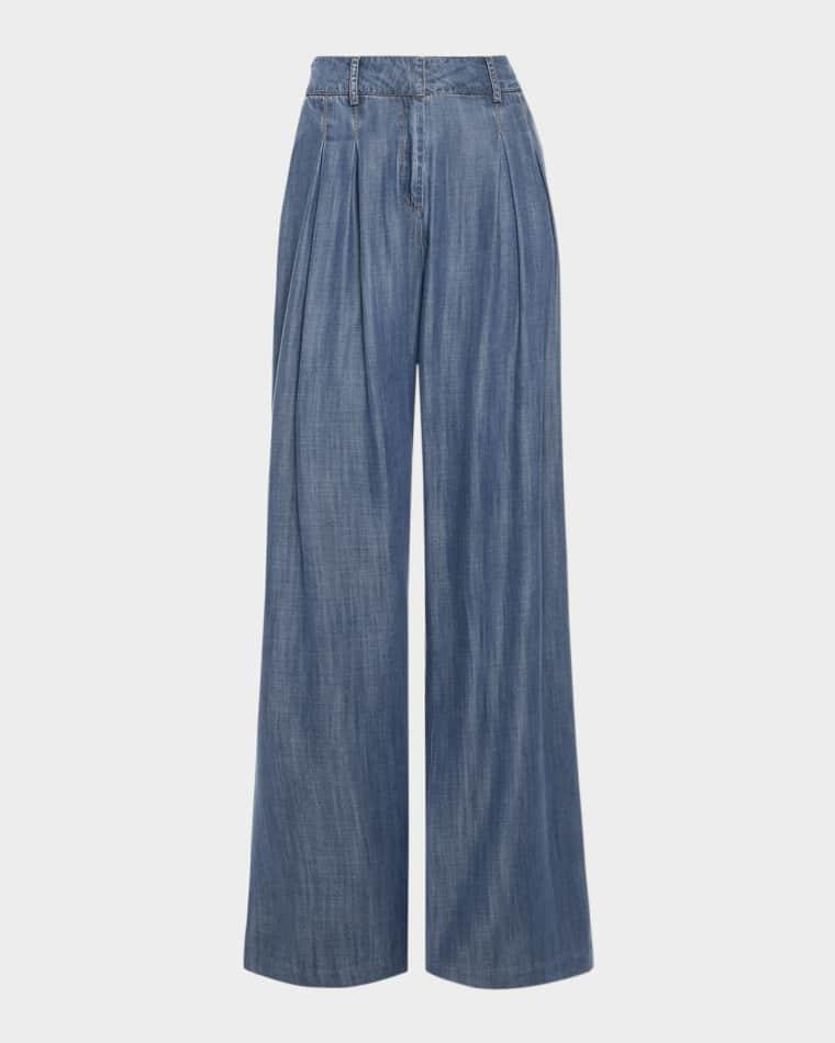 Chambray Pleated Chambray Wide-Leg Trousers by RAMY BROOK