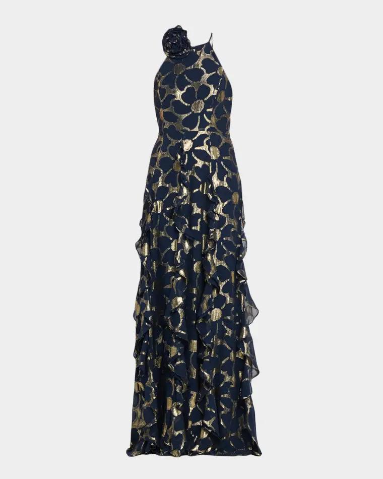 Idella Ruffle-Trim Metallic Floral Halter Gown by RAMY BROOK