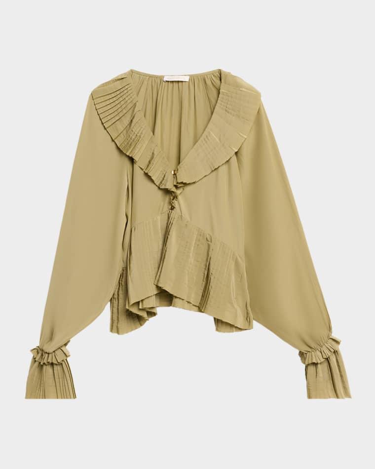 Jacklyn Pleated Ruffle-Trim Blouse by RAMY BROOK