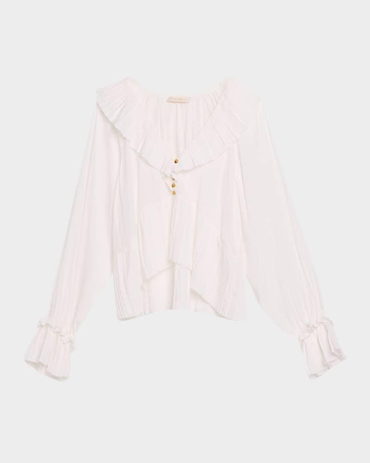 Jacklyn Pleated Ruffle-Trim Blouse by RAMY BROOK