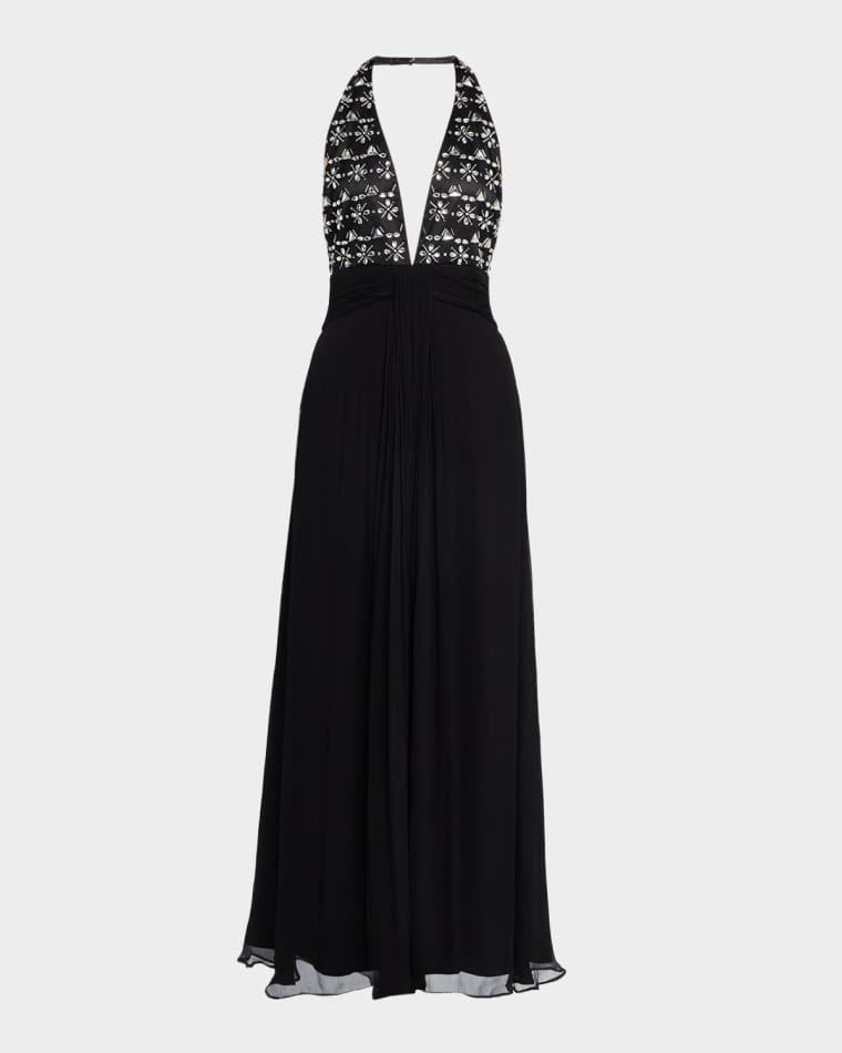 Martina Embellished Deep V-Neck Halter Gown by RAMY BROOK