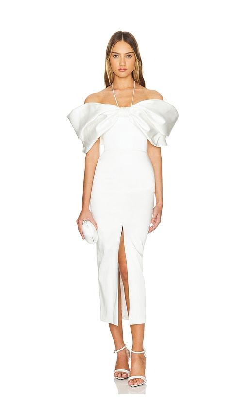 RASARIO Bow Embellished Midi Dress in White by RASARIO