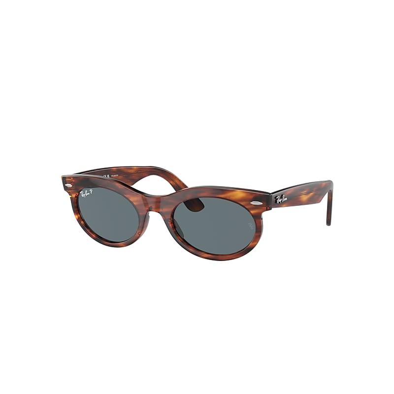 Ray-Ban Wayfarer Oval Sunglasses Striped Havana Frame Blue Lenses Polarized by RAY-BAN