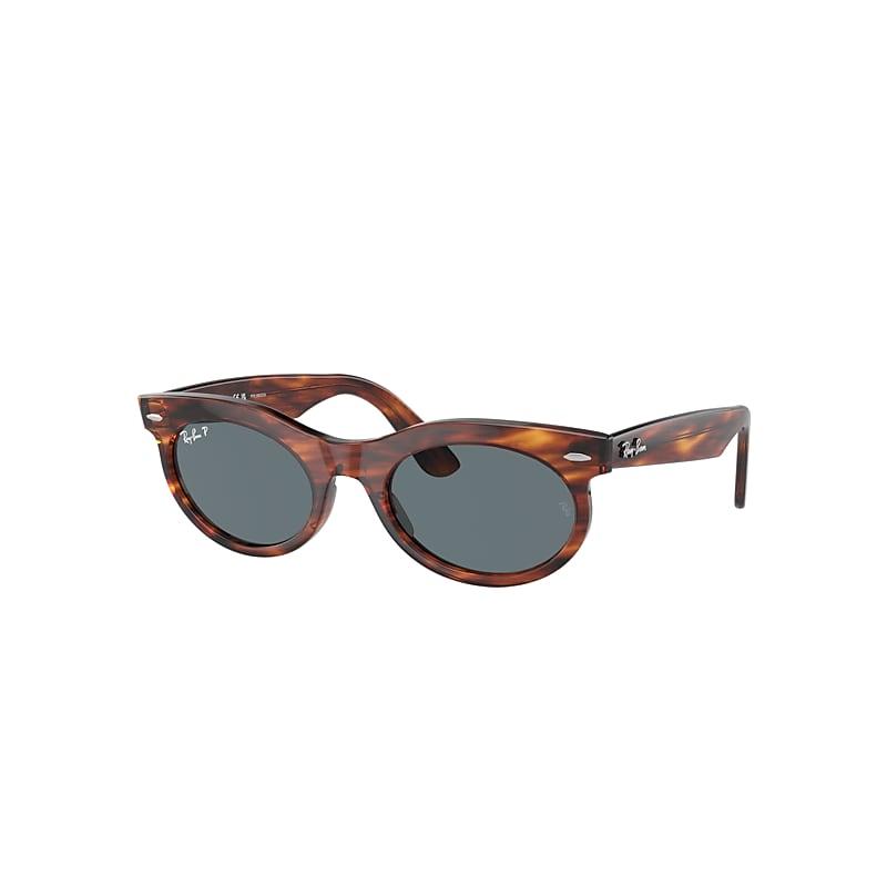 Ray-Ban Wayfarer Oval Sunglasses Striped Havana Frame Blue Lenses Polarized by RAY-BAN
