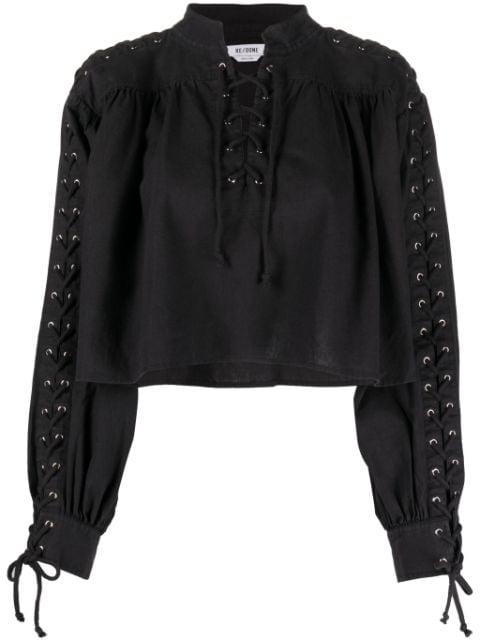 Pirate lace-up linen-blend blouse by RE/DONE