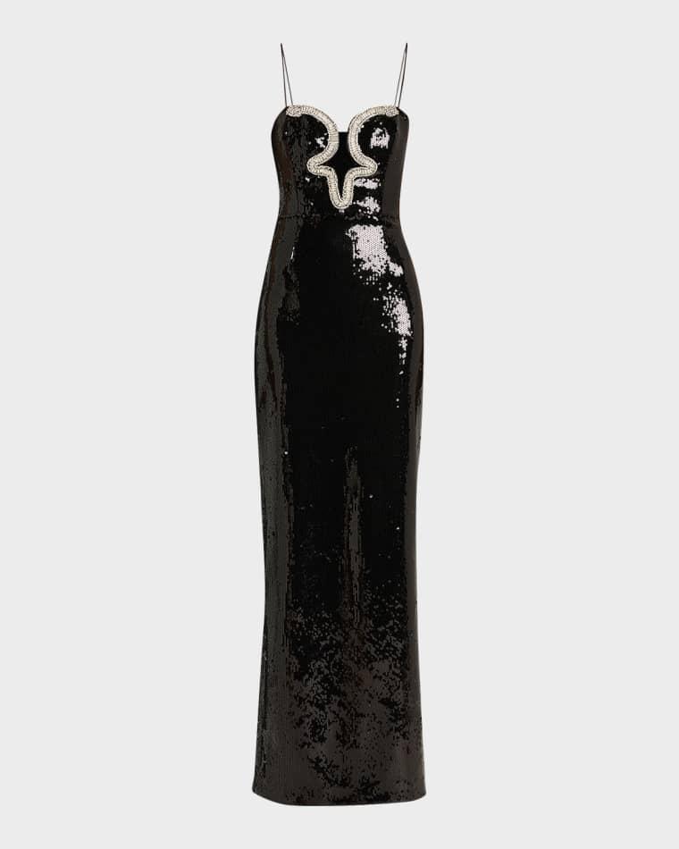 Lyra Plunging Diamante Snake-Trim Sequin Gown by REBECCA VALLANCE