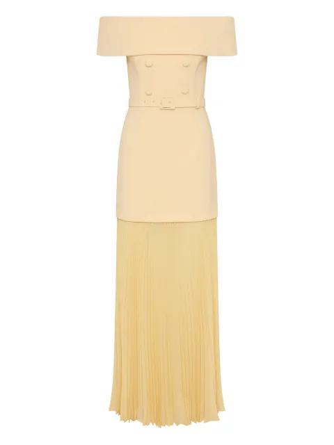 Muriel off-shoulder pleated midi dress by REBECCA VALLANCE
