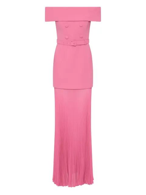 Muriel off-shoulder pleated midi dress by REBECCA VALLANCE