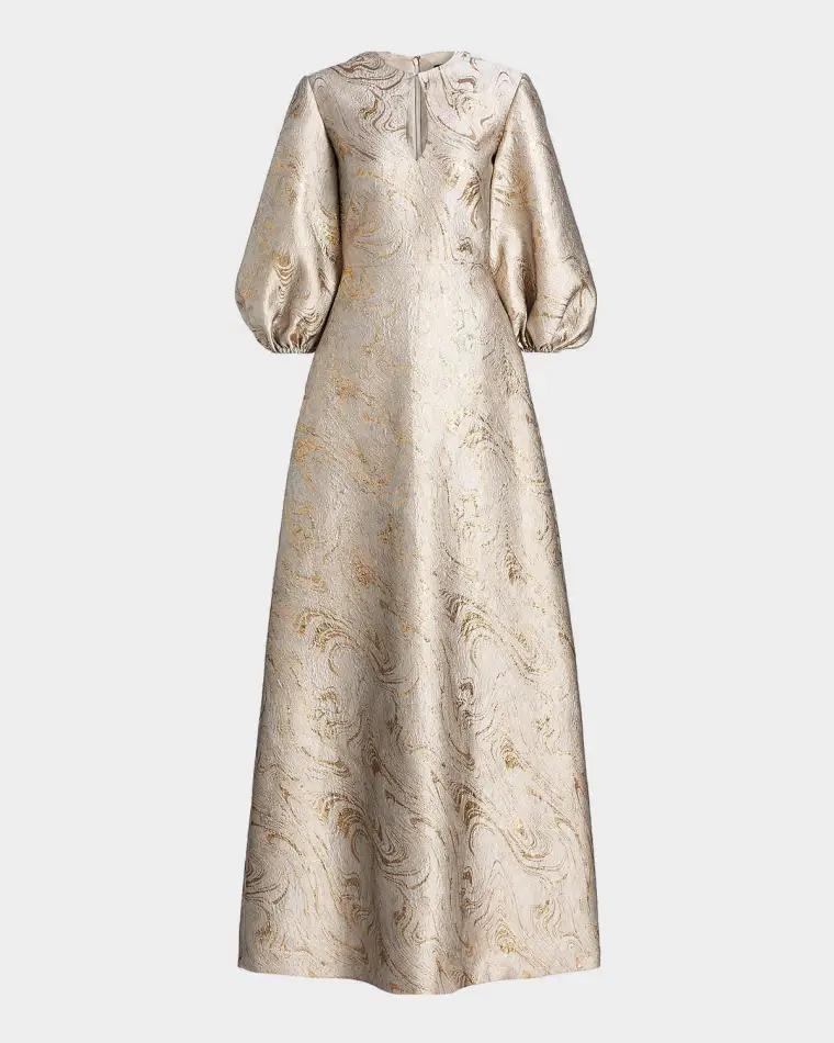 Balloon-Sleeve Metallic Brocade Kaftan Gown by REEM ACRA
