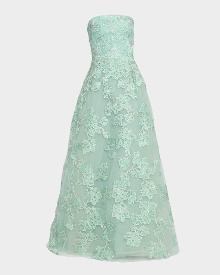 Floral Metallic Raffia Embroidered Tulle Strapless Gown by REEM ACRA