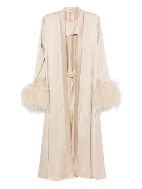 pleated dress and feather coat set by REEM AL DHAHERI