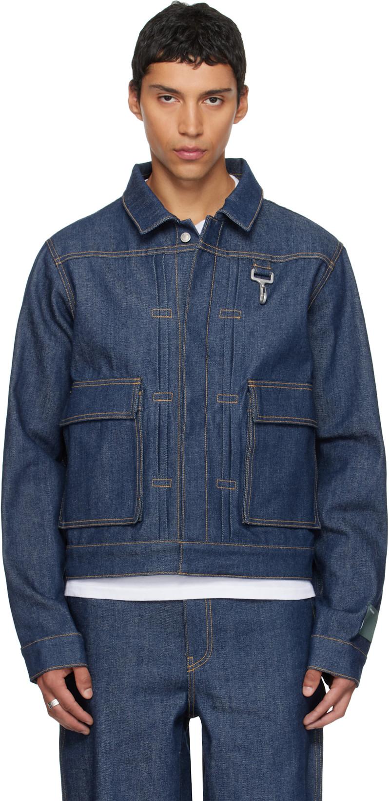 Navy Concealed Button Denim Trucker Jacket by REESE COOPER
