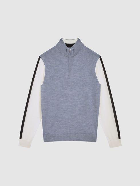 Airforce Blue Leo Wool Colourblock Zip Neck Polo by REISS