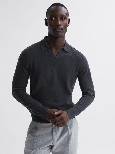 Anthracite Grey Swifts Merino Wool Open Collar Top by REISS
