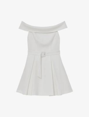 Arwen Belted-Waist Bardot Stretch-Woven Mini Dress by REISS