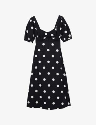 Astrid Puff-Sleeve Polka-Dot Linen Midi Dress by REISS