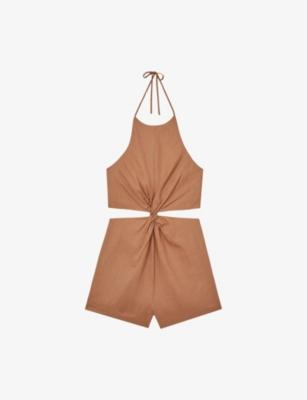 Bay Halter-Neck Cut-Out Linen Playsuit by REISS