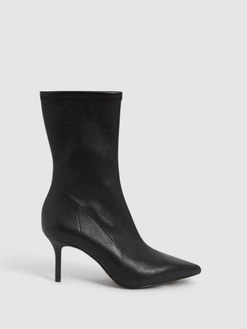Black Caley Pointed Kitten Heel Leather Boots by REISS