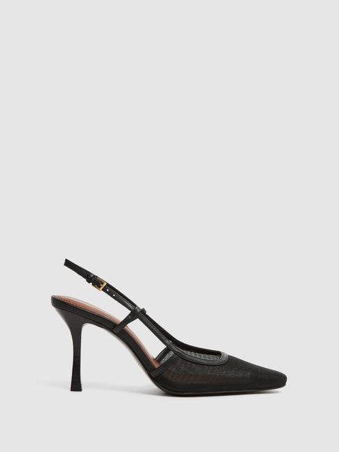 Black Giselle Leather Mesh Slingback Heels by REISS