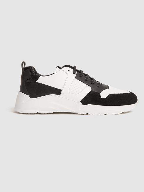 Black/White Shelton Leather Trainers by REISS