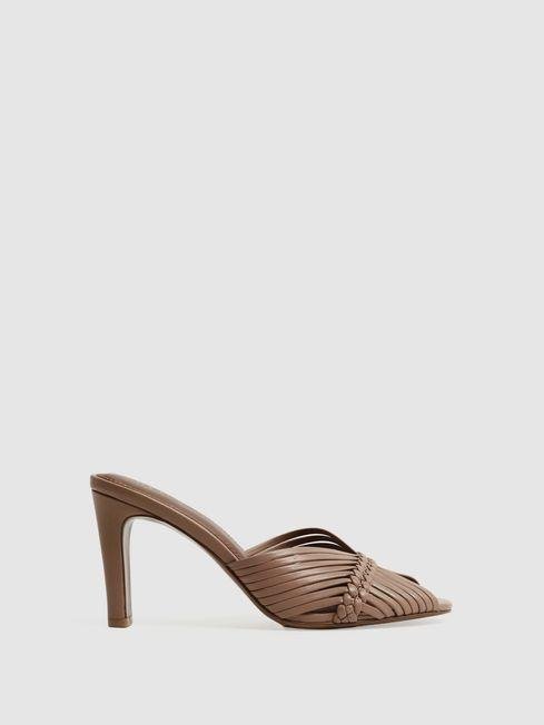 Blush Imogen Leather Woven Heeled Mules by REISS