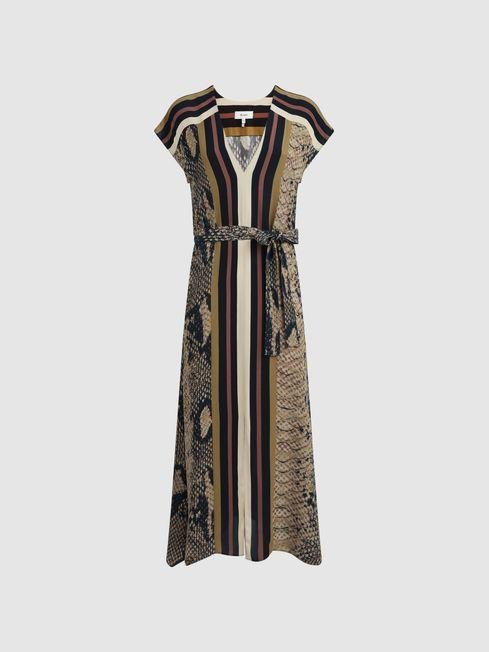 Brown Bea Snake Print Midi Dress by REISS