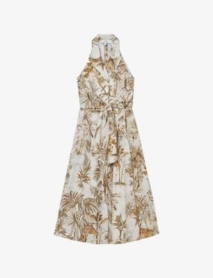 Carla Palm-Print Linen Midi Dress by REISS