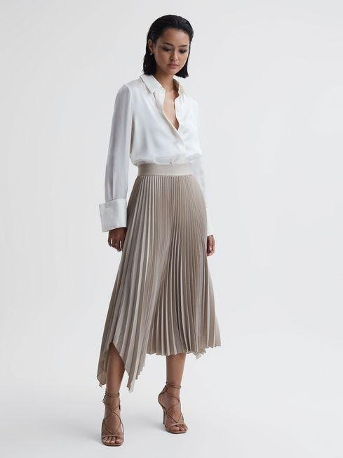 Champagne Jodie Pleated Asymmetric Midi Skirt by REISS