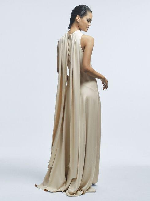 Champagne Keira Atelier Duchess Satin Cape Maxi Dress by REISS