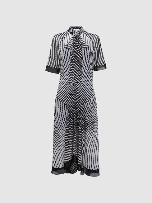 Check Removable Neck Tie Midi Dress in Black/White by REISS