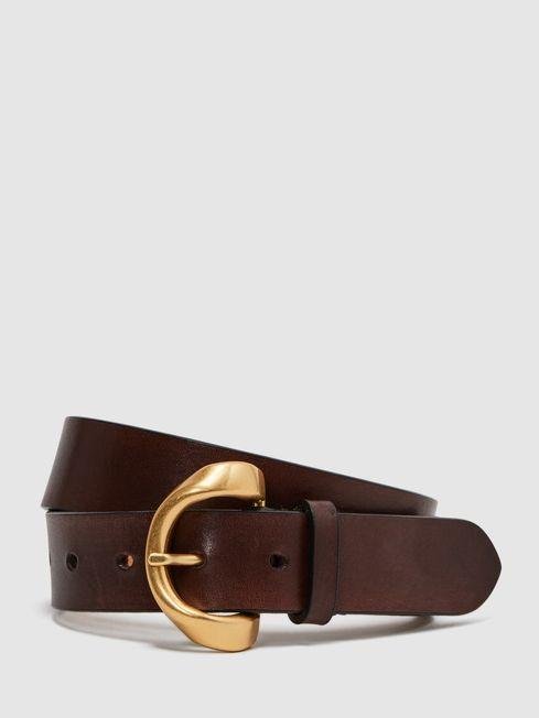 Chocolate Indie Leather Buckle Belt by REISS