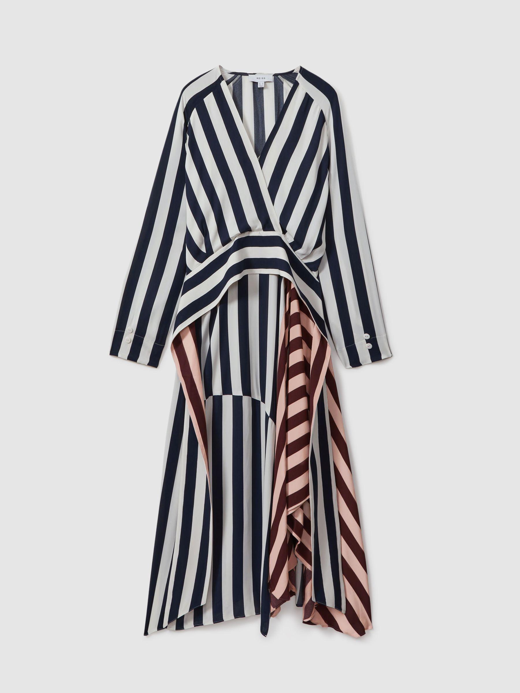 Colourblock Stripe Asymmetric Midi Dress in Navy/Off White by REISS