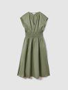 Cotton Ruched Waist Midi Dress in Green by REISS