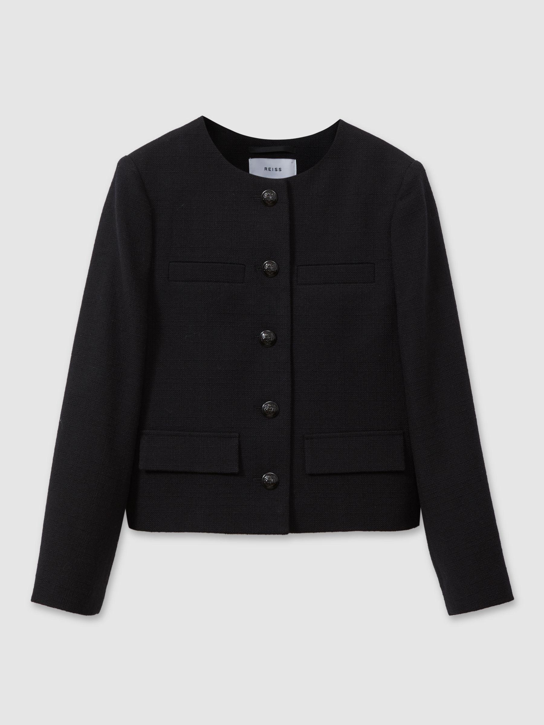 Cropped Wool Single Breasted Jacket in Black by REISS